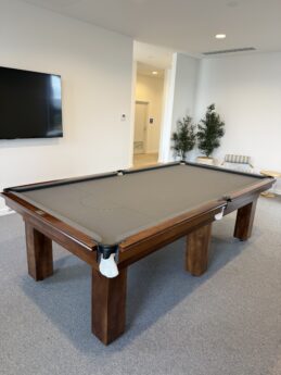 NPC Pool Table 9ft Classic Light Walnut Square Legs Black Chrome Pockets Pewter Felt